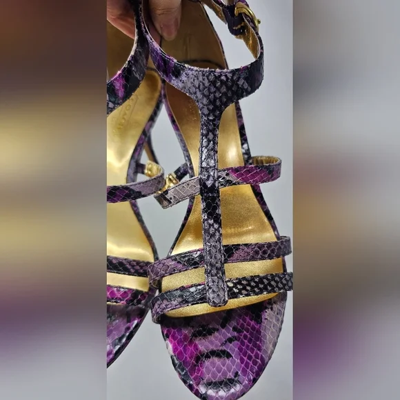 Coach Hayden Leather Violet Pink Blk Python Print Open Toe T-Strap Heels Size 7B - Picture 3 of 16